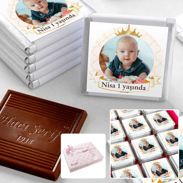 1 Yaş Fotoğraflı Kız Bebek Çikolatası 48 Adet Madlen Çikolata Sunum Kutulu - 1