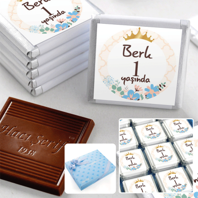 1 Yaş İsme Özel Erkek Bebek 72 Adet Madlen Çikolata Sunum Kutulu - Hacı Şerif