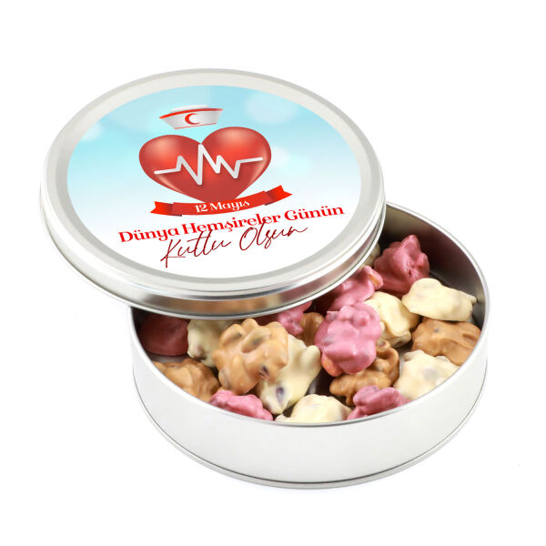 12 Mayıs Hemşireler Günü Hediyesi Karışık Antep Fıstıklı Roş Çikolata (Metal Yuvarlak Kutu) - 1