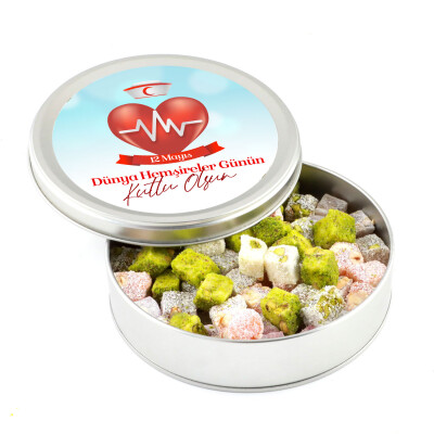 12 Mayıs Hemşireler Günü HediyesiÇifte Kavrulmuş Lokum (Metal Yuvarlak Kutu) 300g - 1