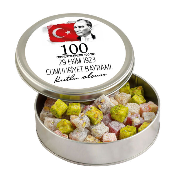 29 Ekim Cumhuriyet Bayramı Hediyesi Çifte Kavrulmuş Lokum (Metal Yuvarlak Kutu) 300g (Beyaz) - 1
