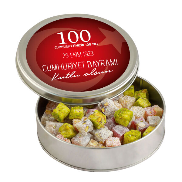 29 Ekim Cumhuriyet Bayramı Hediyesi Çifte Kavrulmuş Lokum (Metal Yuvarlak Kutu) 300g (Kırmızı) - 1