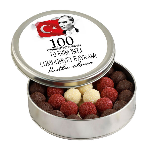 29 Ekim Cumhuriyet Bayramı Hediyesi Karışık Special Truffle Çikolata (Yuvarlak Metal Kutu) (Beyaz) - 1