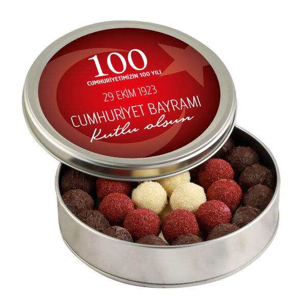 29 Ekim Cumhuriyet Bayramı Hediyesi Karışık Special Truffle Çikolata (Yuvarlak Metal Kutu) (Kırmızı) - 1