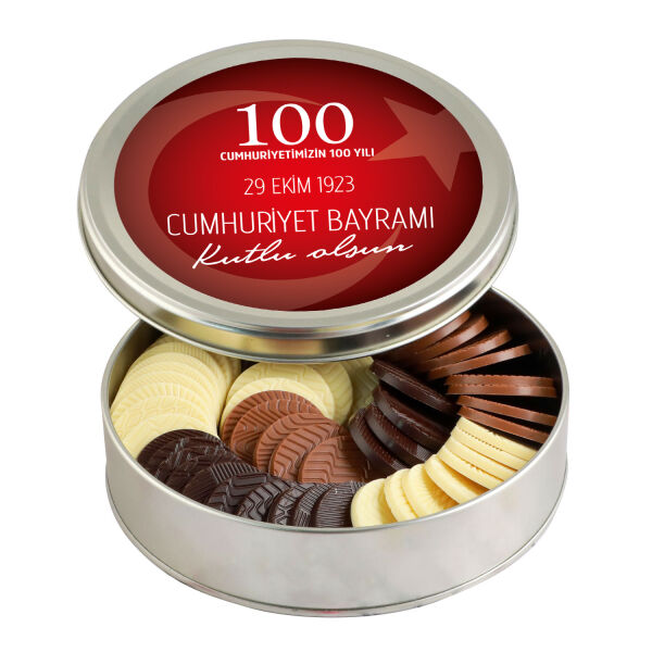 29 Ekim Cumhuriyet Bayramı Hediyesi Yuvarlak Madlen Çikolata (Metal Yuvarlak Kutu) (Kırmızı) - 1