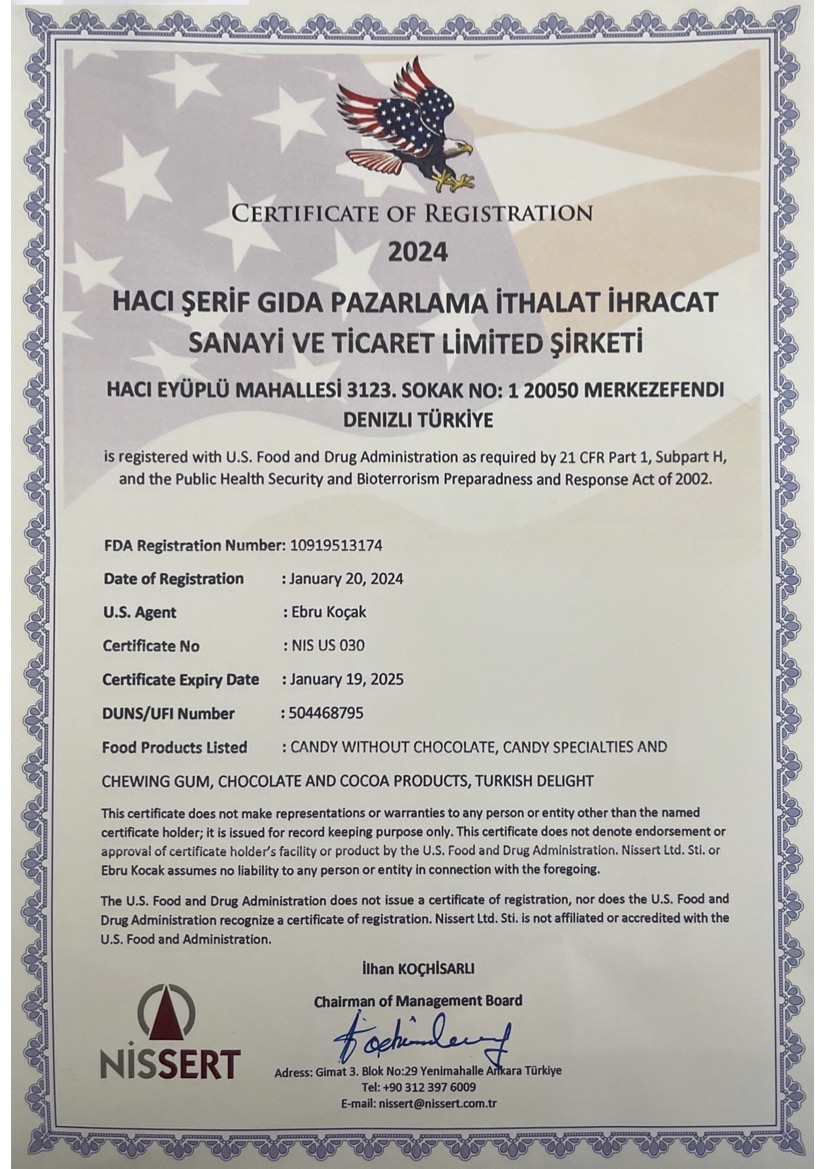 TCERT Haci-Serif FDA Certificate
