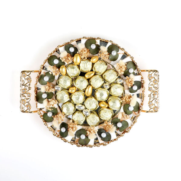 Altın Renk Aynalı Kız İsteme Yuvarlak Tepsi Söz Nişan Çikolatası - 3