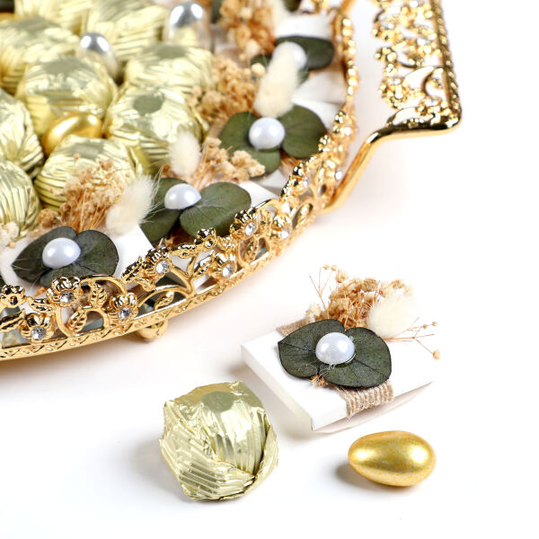 Altın Renk Aynalı Kız İsteme Yuvarlak Tepsi Söz Nişan Çikolatası - 4