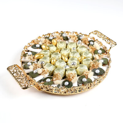 Altın Renk Aynalı Kız İsteme Yuvarlak Tepsi Söz Nişan Çikolatası - 2