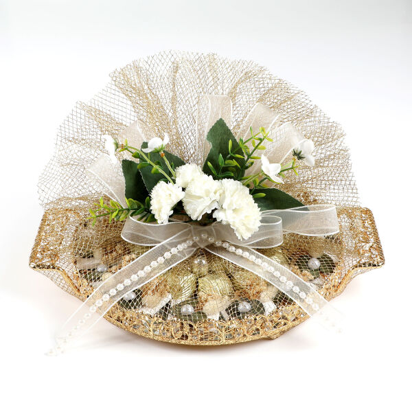 Altın Renk Aynalı Kız İsteme Yuvarlak Tepsi Söz Nişan Çikolatası - 1