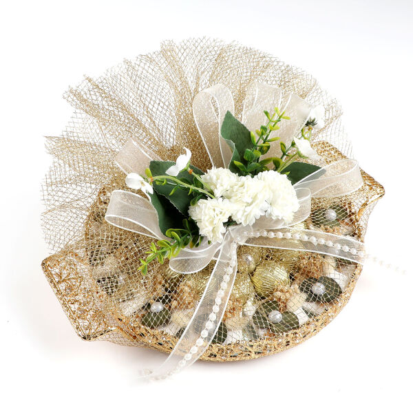 Altın Renk Aynalı Kız İsteme Yuvarlak Tepsi Söz Nişan Çikolatası - 5