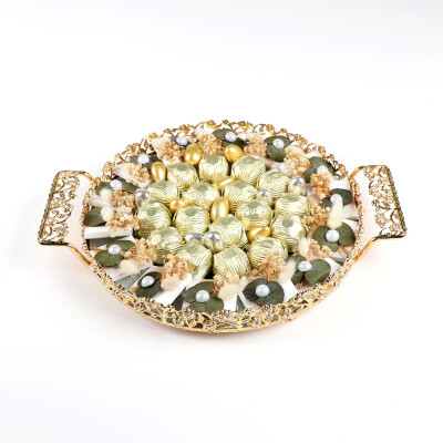 Altın Renk Aynalı Kız İsteme Yuvarlak Tepsi Söz Nişan Çikolatası - 8