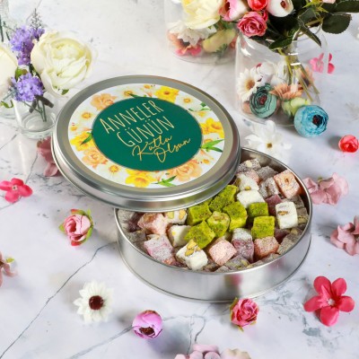 Anneler Günü Hediyesi Çifte Kavrulmuş Lokum (Metal Yuvarlak Kutu) 300g - Model 2 - 1