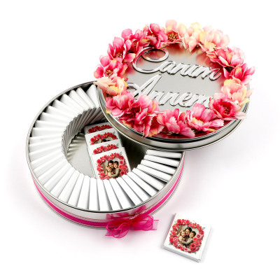 Anneler Günü Hediyesi Gül Dekorlu Metal Kutuda Fotoğraflı Malden Çikolata - 1