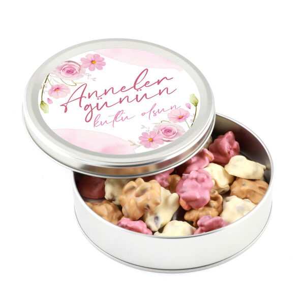 Anneler Günü Hediyesi Karışık Antep Fıstıklı Roş Çikolata (Metal Yuvarlak Kutu) - 1