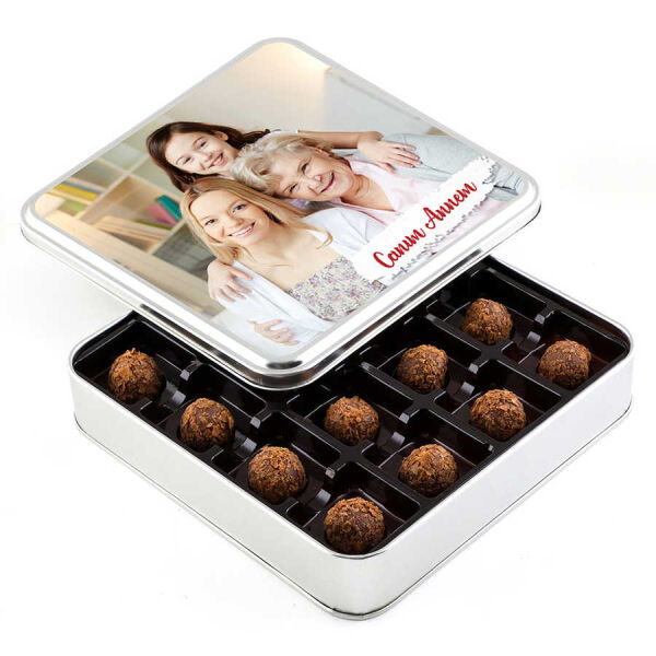 Anneye Fotoğraflı Hediye Tahinli Truffle Çikolata (Metal Kutu) - 1