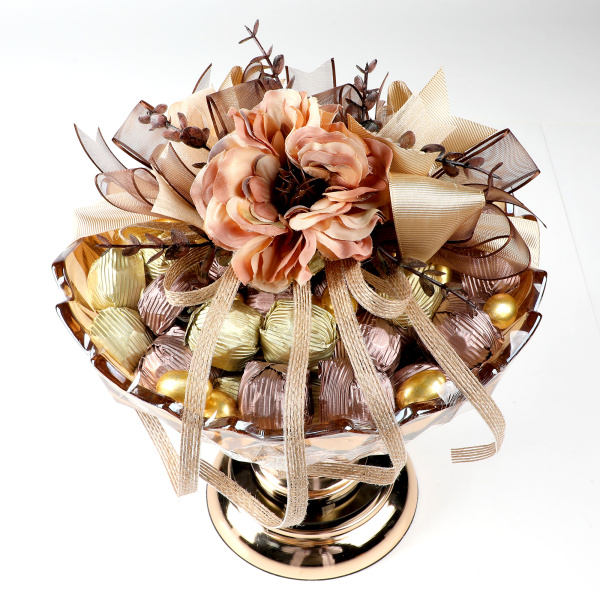 Ayaklı Cam Sunumlukta Söz Nişan Kız İsteme Çikolatası Altın Kahverengi Kristal Çikolata Draje - 4