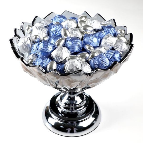 Ayaklı Cam Sunumlukta Söz Nişan Kız İsteme Çikolatası Gümüş Lacivert Kristal Çikolata Draje - 5