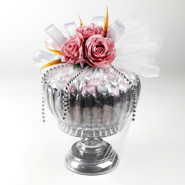 Ayaklı Cam Sunumlukta Söz Nişan Kız İsteme Çikolatası Gümüş Pembe Kristal Çikolata Draje - 9