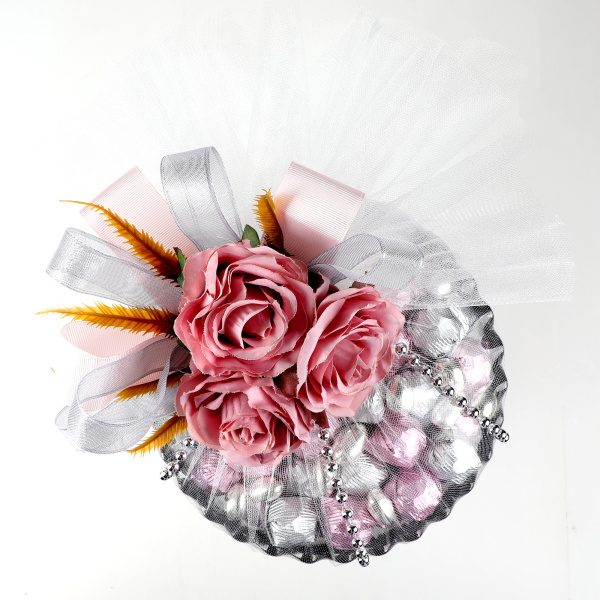 Ayaklı Cam Sunumlukta Söz Nişan Kız İsteme Çikolatası Gümüş Pembe Kristal Çikolata Draje - 11