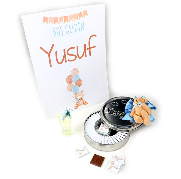 Ayıcık Figürlü Erkek Bebek Çikolatası (Metal Yuvarlak Kutu) 70 Adet Madlen+Kolonya+Afiş - 1