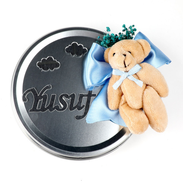 Ayıcık Figürlü Erkek Bebek Çikolatası (Metal Yuvarlak Kutu) 70 Adet Madlen+Kolonya+Afiş - 3