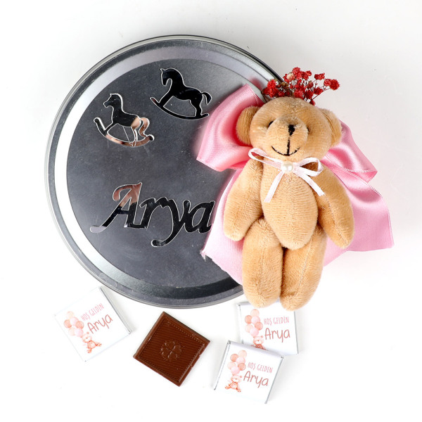 Ayıcık Figürlü Kız Bebek Çikolatası (Metal Yuvarlak Kutu) 70 Adet Madlen+Kolonya Hediyeli - 4