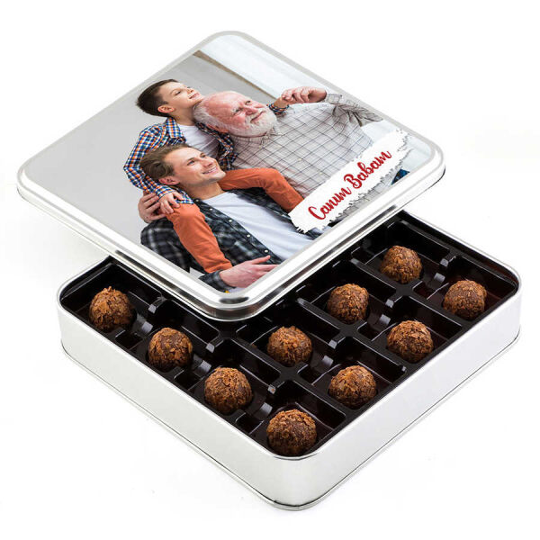 Babaya Fotoğraflı Hediye Tahinli Truffle Çikolata (Metal Kutu) - 1