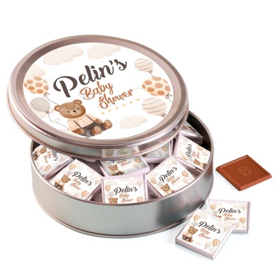 Baby Shower Etiket Baskılı Çikolata (Düz Metal Yuvarlak Kutu) 50 Adet Madlen - 6