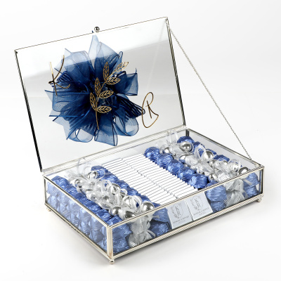 Cam Sandıkta Kız İsteme Söz Nişan Çikolatası (Gümüş) Mavi - Hacı Şerif