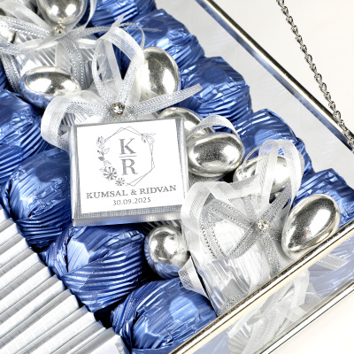 Cam Sandıkta Kız İsteme Söz Nişan Çikolatası (Gümüş) Mavi - 2