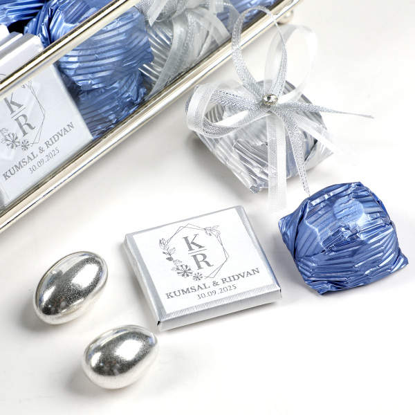 Cam Sandıkta Kız İsteme Söz Nişan Çikolatası (Gümüş) Mavi - 18
