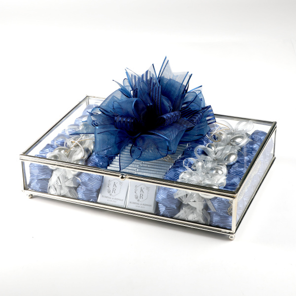 Cam Sandıkta Kız İsteme Söz Nişan Çikolatası (Gümüş) Mavi - 3