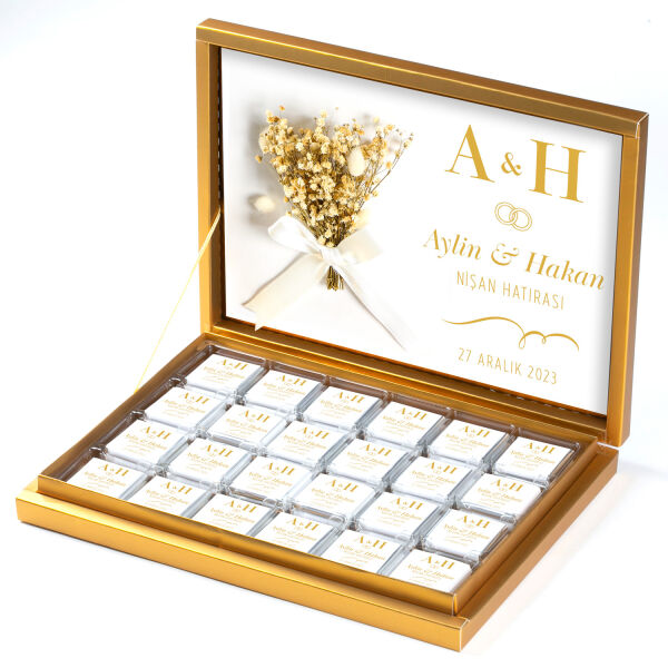 Çiçek Dekorlu Gold Söz Nişan 48 Adet Madlen Çikolata Gold Kutu - 1
