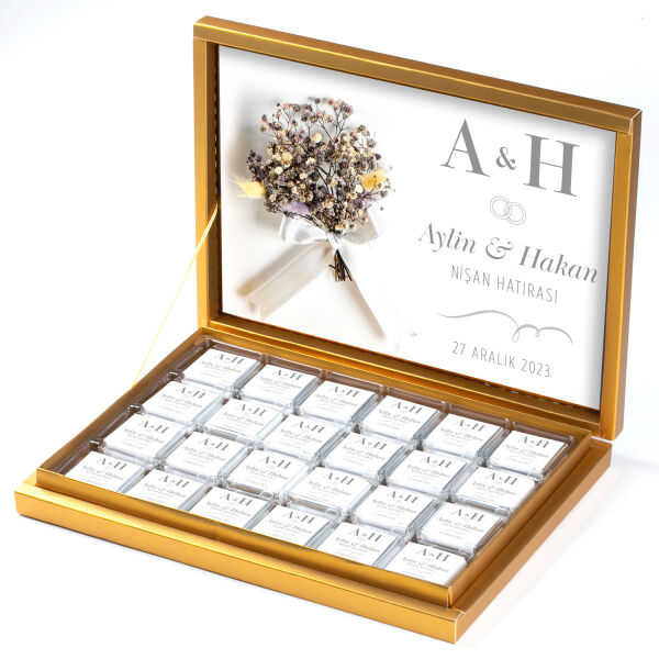 Çiçek Dekorlu Gümüş Söz Nişan 48 Adet Madlen Çikolata Gold Kutu - 1