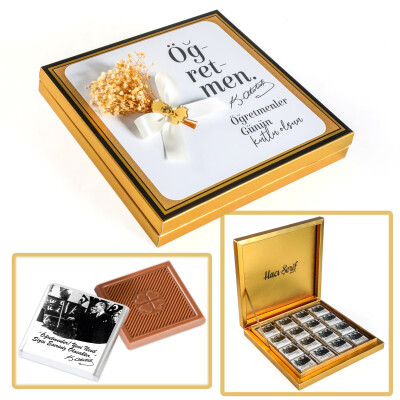 Çiçek Dekorlu Öğretmenler Günü Hediyesi 32 Adet Madlen Çikolata (Gold Kutu) - 1