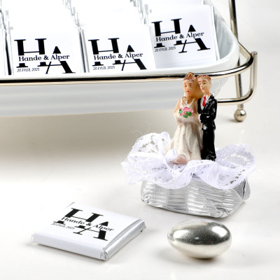 Çift Katlı Sunumlukta İsimli Gelin Damat Dekorlu Söz Nişan Kız İsteme Çikolatası - 18