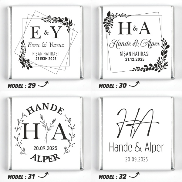 Çift Katlı Sunumlukta İsimli Gelin Damat Dekorlu Söz Nişan Kız İsteme Çikolatası - 12