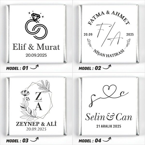 Çift Katlı Sunumlukta İsimli Gelin Damat Dekorlu Söz Nişan Kız İsteme Çikolatası - 5