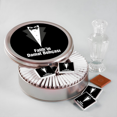 Damat Bohçası 70 Madlen Çikolata (Düz Metal Yuvarlak Kutu) Kolonya Hediyeli - 1