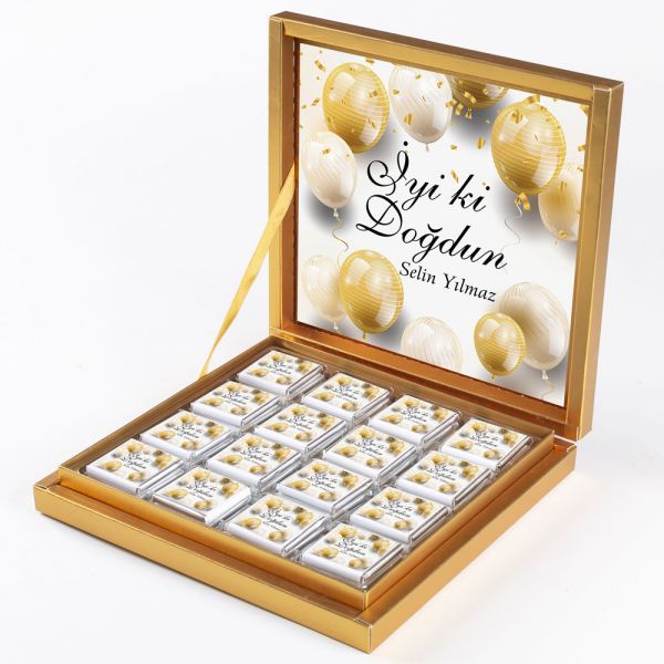 Hacı Şerif - Doğum Günü Hediyesi 32 Adet Madlen Çikolata Gold Kutu - Gold Balonlu