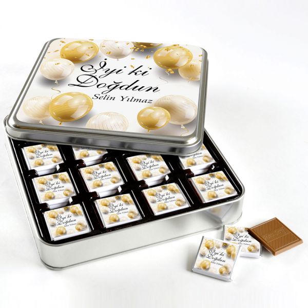 Hacı Şerif - Doğum Günü Hediyesi 32 Adet Madlen Çikolata Metal Kutu - Gold Balonlu