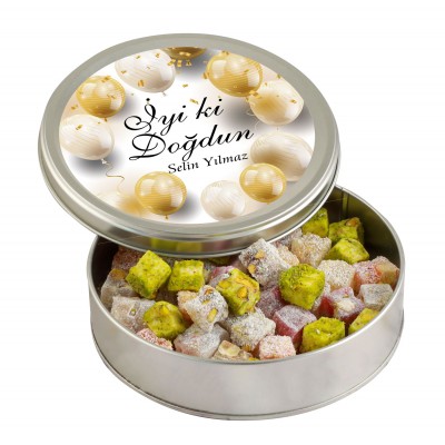 Doğum Günü Hediyesi Çifte Kavrulmuş Lokum (Metal Yuvarlak Kutu) 300g - Gold Balonlu - Hacı Şerif