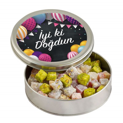 Doğum Günü Hediyesi Çifte Kavrulmuş Lokum (Metal Yuvarlak Kutu) 300g - Renkli Balonlu - Hacı Şerif