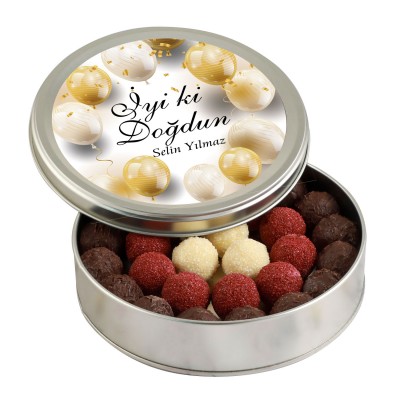 Doğum Günü Hediyesi Karışık Special Truffle Çikolata (Yuvarlak Metal Kutu) - Gold Balonlu - Hacı Şerif