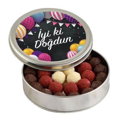 Doğum Günü Hediyesi Karışık Special Truffle Çikolata (Yuvarlak Metal Kutu) - Renkli Balonlu - Hacı Şerif