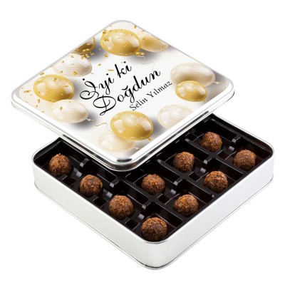 Doğum Günü Hediyesi Tahinli Truffle Çikolata (Metal Kutu) - Gold Balonlu - 1