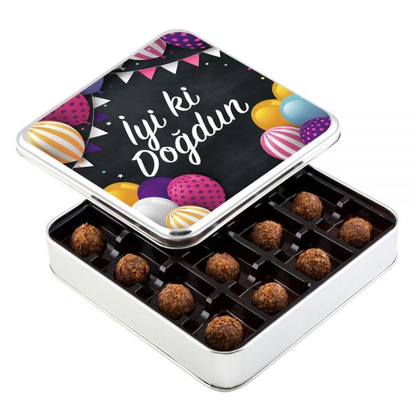 Doğum Günü Hediyesi Tahinli Truffle Çikolata (Metal Kutu) - Renkli Balonlu - 1