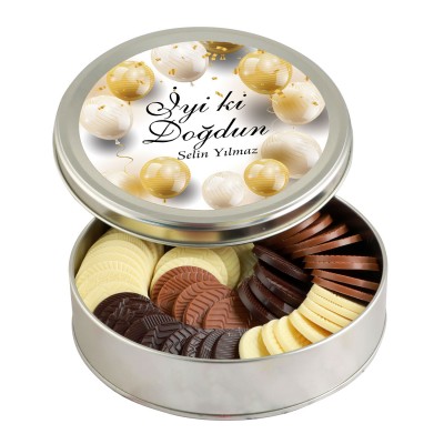 Doğum Günü Hediyesi Yuvarlak Madlen Çikolata (Metal Yuvarlak Kutu) - Gold Balonlu - Hacı Şerif