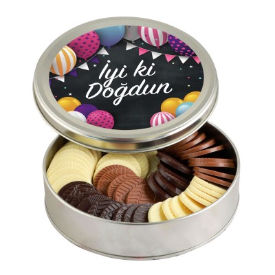 Doğum Günü Hediyesi Yuvarlak Madlen Çikolata (Metal Yuvarlak Kutu) - Renkli Balonlu - Hacı Şerif